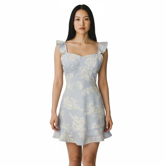 Material Girl Blue Floral Jacquard Ruffle Mini Dress Size Small - Picture 1 of 5